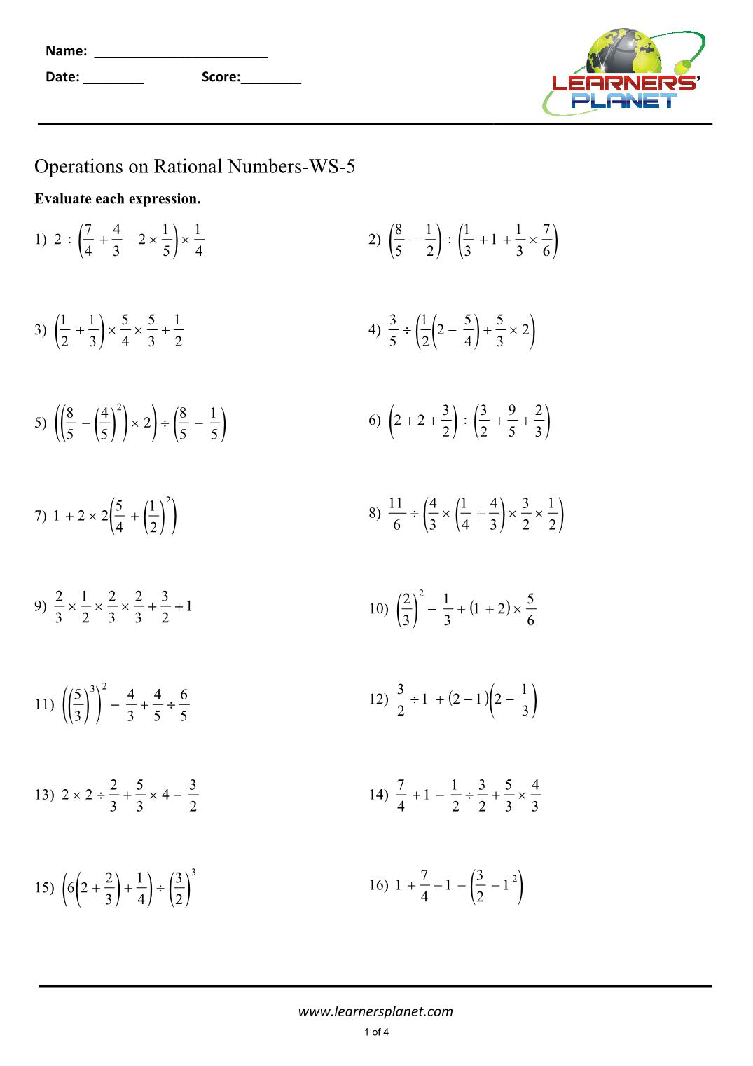 Rational Numbers Class 7 Worksheet With Answers Icse